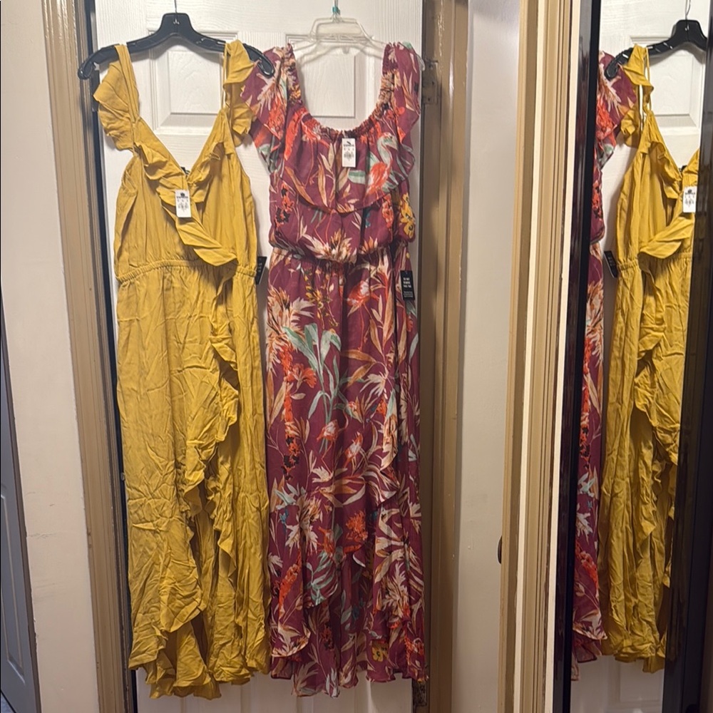 Express Yellow and multicolored print Ruffled Wrap Sundress’s both beautiful New